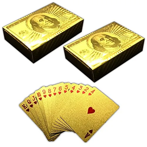 HAC24 2X 54 Spielkarten 100$ Gold Design Pokerkarten Skatkarten Kartendeck