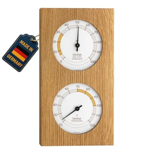 TFA Saunathermometer 40.1052.01 - Präzises Hygrometer für die Sauna - Hygrometer aus geölter Eiche, misst Temperatur bis 120°C und Luftfeuchtigkeit von 0% bis 100%. Optimaler Bereich farblich markiert für perfekte Sauna-Erlebnisse.