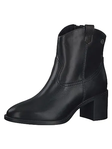 Tamaris Stiefel - Damen Schlupfstiefelette in Black Leather mit 6 cm Blockabsatz, ideal für stilvolle Outdoor-Aktivitäten und gemütliche Wanderungen. Hochwertiges Leder und bequemes Innenfutter sorgen für besten Tragekomfort.