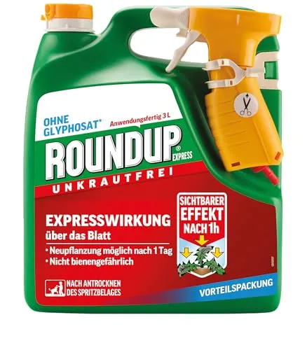 Roundup Unkrautfrei Express 3L - Schnelle Unkrautbekämpfung - Dünger - Anwendungsfertiges Spray mit Expresswirkung gegen Unkräuter und Moos, sichtbare Ergebnisse nach nur 1 Stunde. Ideal für Wege, Plätze und Garten.