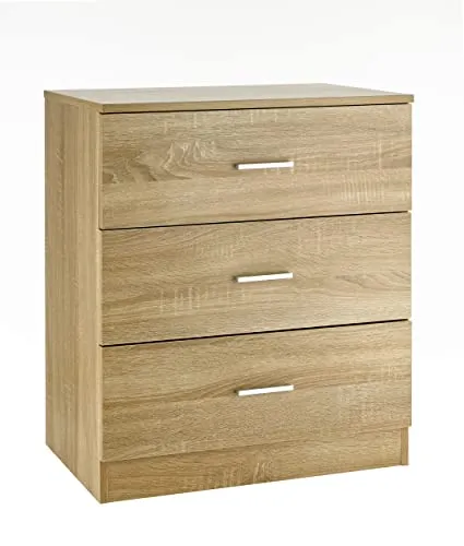 Baroni Home Kommode 3 Schubladen aus Melamin, Schrank für Schlafzimmer oder Wohnzimmer, moderner Schrank aus Eiche 60x40x70 cm
