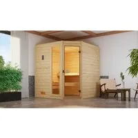 Weka Massivholzsauna Valida Eck 1.8 Sparset mit Glastür und 5,4 kW Ofen - Massivholzsauna aus 38 mm Fichtenholz, bietet ein optimales Saunaklima. Mit flexibler Ganzglastür und 5,4 kW Saunaofen für entspannende Auszeiten.
