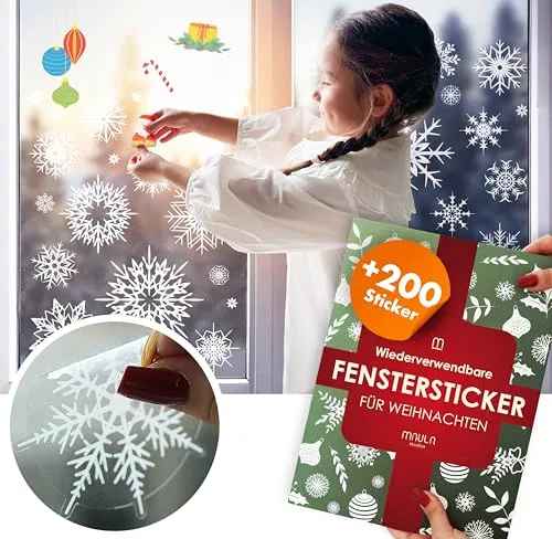 Fensterbilder Weihnachten 200 Stück Schneeflocken – Weihnachtsdeko Fenster selbstklebend – Wiederverwendbare Fenster Aufkleber – Fenstersticker Schneeflocken – Fensterbilder Weihnachten Deko Set