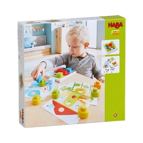 HABA Steckspiel Kunterbunte Welt - Stapelspiel für kleine Entdecker, fördert Feinmotorik und Farbzuordnung mit 10 bunten Bildern und leicht greifbaren Holzbausteinen.
