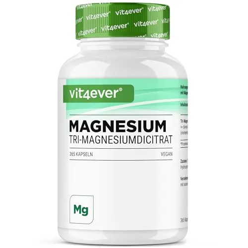 vit4ever Magnesiumcitrat - 365 Kapseln - 2250mg davon 360 mg elementares Magnesium je Tagesportion - 100% Tri-Magnesiumdicitrat ohne Zusätze - Laborgeprüft - Hochdosiert - Vegan