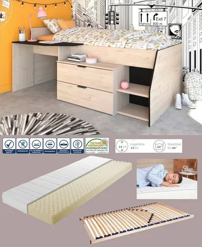 Parisot Meuble Hochbett 'Milky 2' in Eiche Schwarz, 90x200 cm - Hochbett 'Milky 2' mit Ablagefläche und integrierter Kommode für optimalen Stauraum. Ideal für Kinder- und Jugendzimmer, gefertigt aus robustem Holz mit pflegeleichter Melaminbeschichtung.