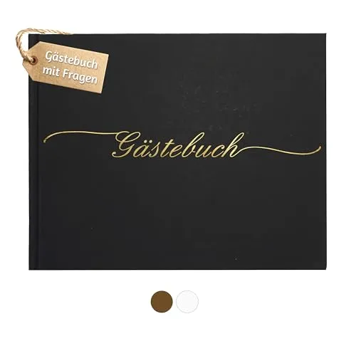 HSTLR Gästebuch Hochzeit mit Fragen zum Ausfüllen Plastikfrei Verpackt - 120 Seiten Dickes Premium-Papier Mit Goldenem Titel Ideal Für Ihre Hochzeit