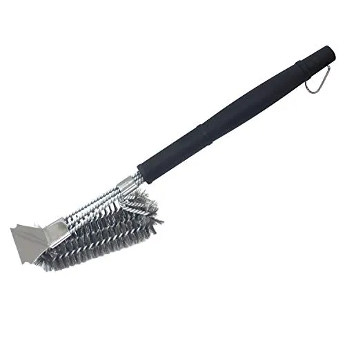 Grillbürste 3-Kopf mit Schaber und Borsten aus Edelstahl