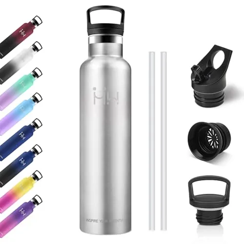 Thermosflasche 1L, BPA-Frei, Edelstahl Trinkflasche mit Strohhalm, Vakuum Thermosflasche, Einhandöffnung, Kohlensäure Geeignet, Isolierte Wasserflasche für Fahrrad, Picknick, Fitness, Sprudel