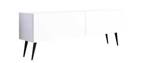 3E 3xE living.com TV-Schrank: Zwei Türen, Zwei Regale, Farbe mattweiß, Schwarze Beine, A: B: 140 cm, H: 52 cm, T: 32 cm,