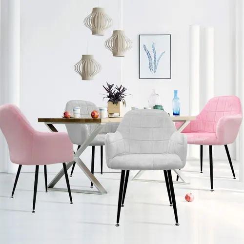 ECD Germany 4er Set Esszimmerstühle - Grau/Rosa, Samt & Metallbeine - Esszimmerstühle mit ergonomischem Design und hoher Sitzkomfort, perfekt für stilvolle Esszimmer. Mit edlen quadratischen Mustern und weichem Samt für ein luxuriöses Wohngefühl.
