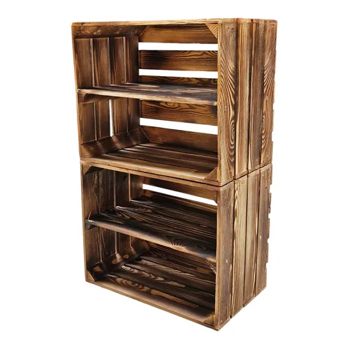 Obstkiste Holzkiste Weinkiste Geflammt 2er SET - Regale & Aufbewahrung: Praktische Holzkisten mit Zwischenboden, ideal für Weinflaschen, einfach an der Wand montierbar und im rustikalen Landhausstil.