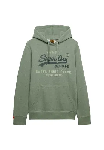 Superdry Herren Lässiges Vintage Logo Heritage Hoodie Thymiangrün Meliert - Klassischer Hoodie mit lässiger Passform, verstellbarem Kordelzug und großer Brustgrafik. Ideal für den Alltag, mit bequemem, leicht angerautem Futter und charakteristischen Etiketten für einen zeitlosen Look.