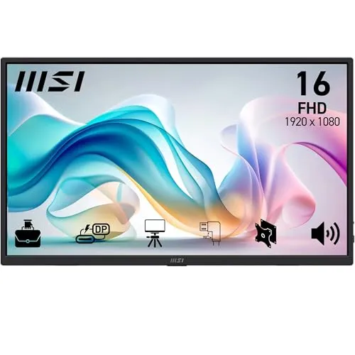 MSI Pro MP165 E6 Tragbarer Monitor 15,6 Zoll - FHD IPS-Panel Monitor – 15,6 Zoll, 1920 x 1080 Auflösung, ideal für mobile Nutzung und als zweiter Bildschirm. TÜV Rheinland zertifiziert für Augenschutz und flimmerfreie Technologie.