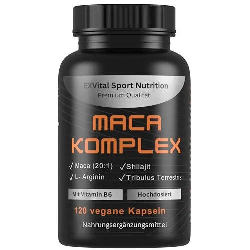 EXVital® Maca Komplex hochdosiert - Maca 20:1 Extrakt mit Tribulus terrestris, Shilajit, L-Arginin & Vitamin B6, 120 vegane Kapseln, laborgeprüft