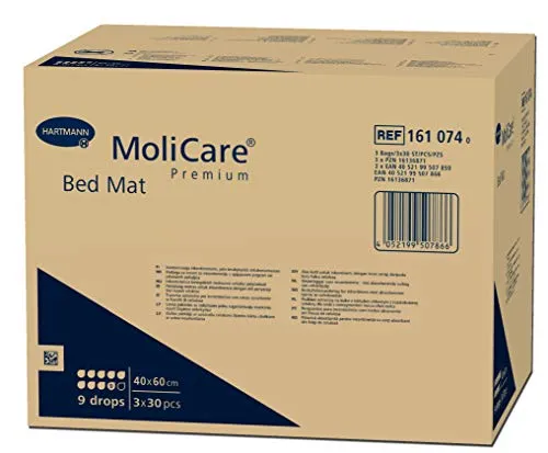 Hartmann MoliCare Premium Bed Mat Bettschutzeinlagen, Saugstärke 9 Tropfen, 40x60cm - Inkontinenzeinlagen, hohe Saugstärke von 9 Tropfen für optimalen Schutz von Bett und Bettwäsche bei Inkontinenz, 90 Stück.