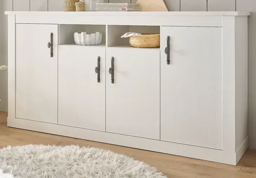 Furn.Design Sideboard Fiastra – Anrichte in Pinie Weiß mit Soft-Close - Stylisches Sideboard im Landhausstil mit 10 Fächern und Soft-Close-Funktion für sanftes Schließen. Ideal für gemütliche Wohn- und Esszimmer.