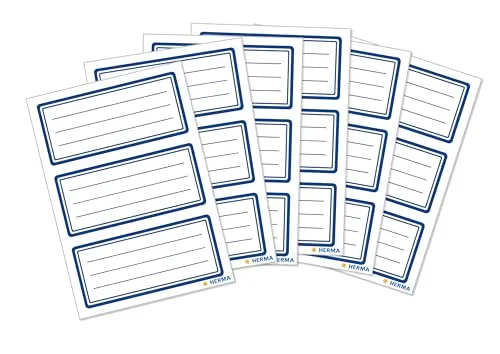 HERMA 5798 Buchetiketten zum Beschriften neutral blauer Rand, 18 Stück, 76 x 35 mm, selbstklebend, liniert, Buchaufkleber für Schule Kinder Mädchen Jungen, blanko Heftetiketten Aufkleber, weiß
