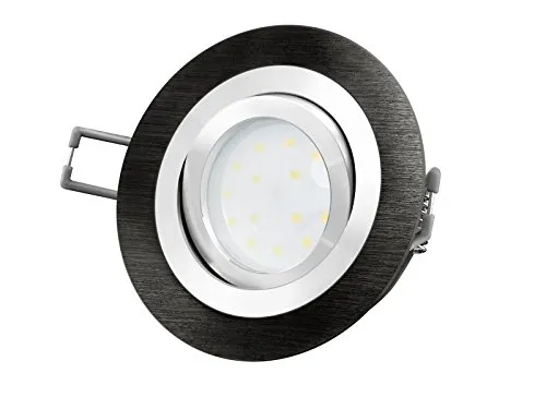 SSC-LUXon LED-Einbaustrahler Ultra flach (30mm) RF-2 rund Alu schwarz gebürstet schwenkbar mit 4W LED Modul neutralweiß 4000K 230V ohne Trafo | Oberfläche schwarz eloxiert | glanzpolierter Innenring