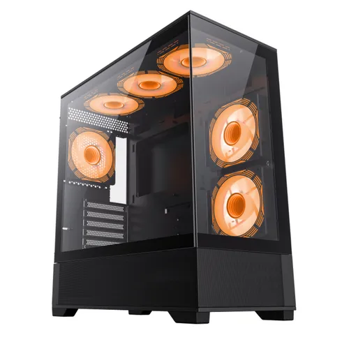 GAMEMAX Gaming-Gehäuse VISTA AB, Mid Tower - Mid Tower PC Gehäuse mit 2 Seiten gehärtetem Glas, hervorragender Kühlung und Platz für große Grafikkarten bis 410 mm, inklusive praktischer Fernbedienung für RGB-Steuerung.