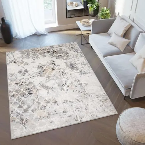 TAPISO Valley Teppich Kurzflor Grau Beige Creme – 80 x 150 cm - Der VALLEY Teppich vereint Stil und Komfort mit seinem eleganten Kurzflor. Ideal für Wohnzimmer oder Schlafzimmer, sorgt er für Wärme und eine angenehme Atmosphäre. Pflegeleicht und kompatibel mit Fußbodenheizung.