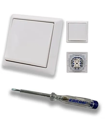 Busch Jäger Allwetter44 Komplett Set mit Taster Tastschalter 2020US IP44 (spritzwassergeschützt) mit Wippe, 1- fach Rahmen alpinweiß und EBROM Phasenprüfer zur Montage des Schalters 2020 US