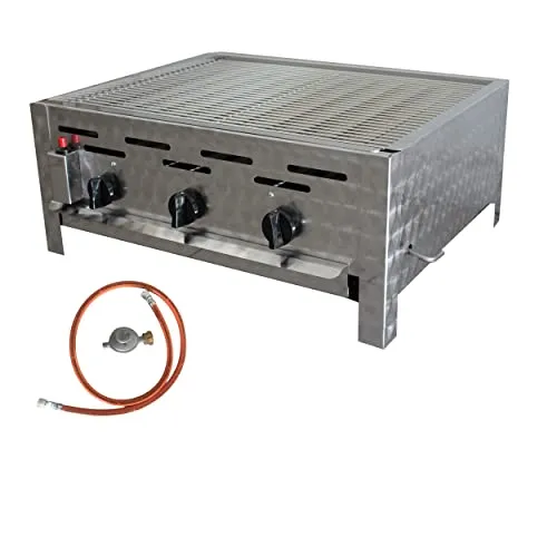 BSR-Grillen 3-flammiger Profi Gasgrill aus Edelstahl, stufenlos regelbar, Gasbräter, Gastrogrill, Gastrobräter, Gasschlauch und Druckminderer (13 kW | verchromter Grillrost)