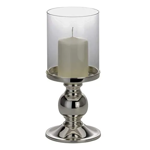 Glas-Windlicht Ø 13 cm innen & außen - große runde Tisch-Deko Windglas-Säule 29 cm mit Fuß - versilberter Kerzenhalter & Kerzenständer für große Stumpenkerzen zum hinstellen