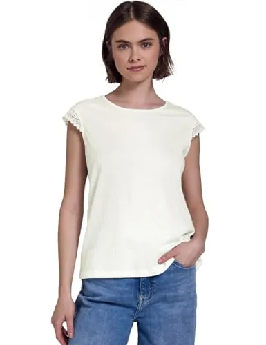 Street One Studio Damen F323197 T-Shirt, Off White, 46 - T-Shirt für Damen mit Rundhalsausschnitt und Häkeldetail, aus softem Baumwoll-Modalmix für höchsten Tragekomfort und stilvolles Design.