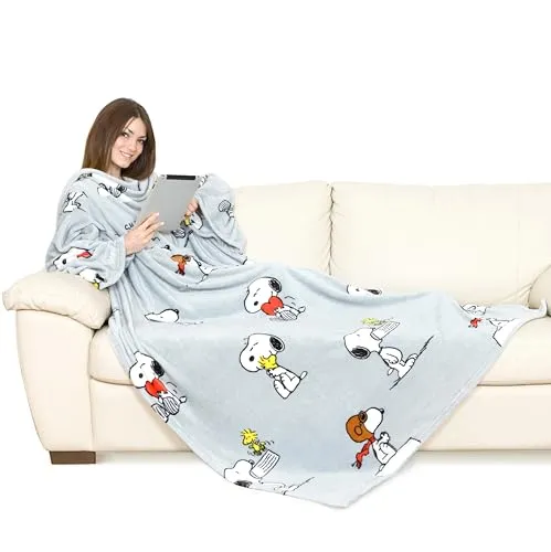 Kanguru Decke mit Ärmeln - Snoopy 180x140 cm, weiche Flannel Mikrofaser, tragbare Kuscheldecke mit zentraler Tasche für praktische Aufbewahrung