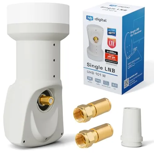 hb-digital Single LNB (Test SEHR GUT *) LNC Kopf 1 Teilnehmer Direkt LTE Protected Satelliten Digital Sat Full HD TV 3D 4K UHD Kontakte vergoldet Wetterschutz Weiß White + 2X F-Kompressionsstecker