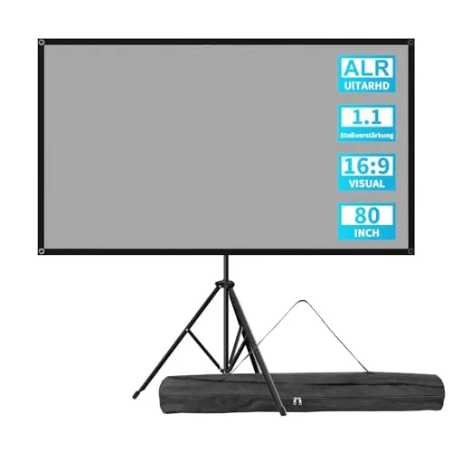VISULAPEX 80”ALR Leinwand Beamer 16:9 HD, Beamer Leinwand mit Stativ, Ideal für Heimkino Camping und Freizeitveranstaltungen Hinterhof Theater Nächte Tragbare