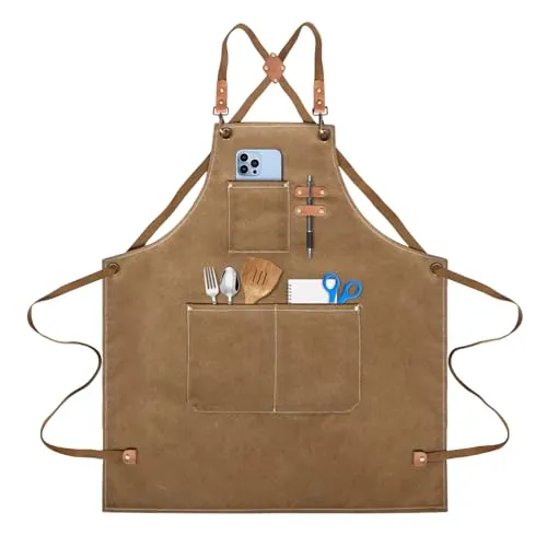 lompyeu Grillschürze für Männer,Kochschürze Wasserdicht Schürze mit 3 Taschen,Canvas Schürze,Denim Kochschürze,Kreuz-Rücken Design,Küchenschürze für Männer Damen Küche Restaurant Café (Braun)