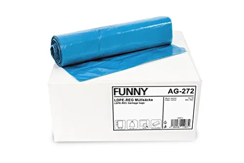 Funny AG-272 LDPE Müllsäcke - 120L, 250 Stück, Blau - Müllsäcke aus hochwertigem LD-PE Regenerat, ideal für Großmengen und umweltfreundlich, perfekt für den Einsatz im Haushalt oder Gewerbe.