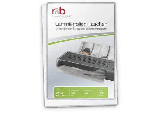 r&b Laminiersysteme A3 Schutzfolie, matt 100 Stück - Hochwertige matt Laminierfolien für A3, 2x100 mic - blasenfreie Laminierung und gestochen scharfe Wiedergabe, ideal für Präsentationen und Fotos.