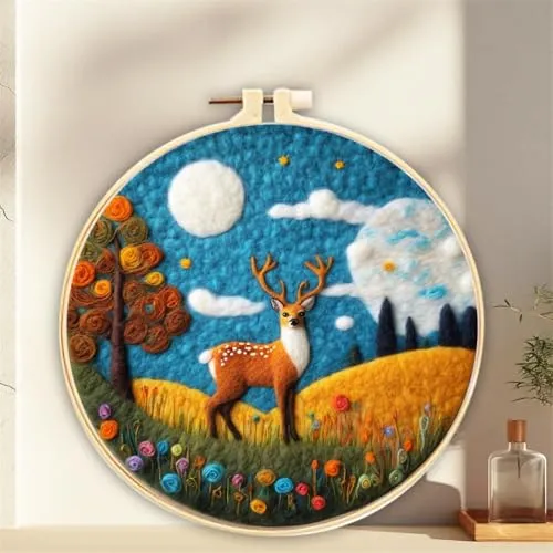 Meecaa Nadelfilz-Set zum Selbermachen für Anfänger, Hirsch, Tier, Blumenlandschaft, einschließlich Wollfilz-Zubehör, Stickrahmen, schöne Wollmalerei und Nadelfilzwerkzeuge (Hirsch)