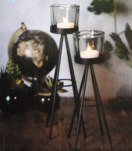 TEELICHTHALTER - SCHWARZE METALLSTÄNDER MIT GLASEINSÄTZEN - 8x19 cm + 8x24 cm 2