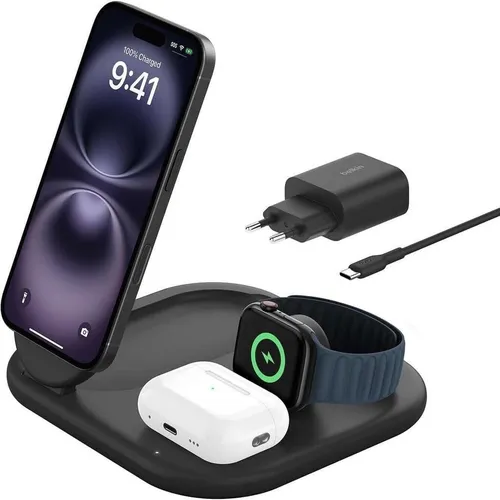 Belkin 3 in 1 Charging Station (15 W) - vielseitige Ladestation für Smartphone, Smartwatch und AirPods, kabelloses Laden leicht gemacht