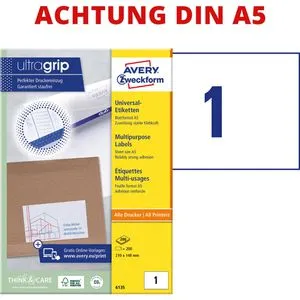 Zweckform Universaletiketten 6135, A5 Bogen, 200 Blatt - Papierprodukte, selbstklebende Etiketten auf A5 Bogen, perfekt bedruckbar und geeignet für alle Druckerarten. Hergestellt aus nachwachsenden Rohstoffen, recycelbar und Made in Germany.