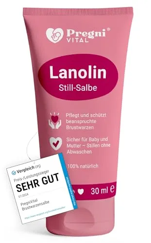 Lanolin Brustwarzensalbe Stillen [30 ml] - Stillsalbe für stillende Mütter bei beanspruchten, trockenen und empfindlichen Brustwarzen - Hypoallergen, ohne Duftstoffe - von PregniVital®