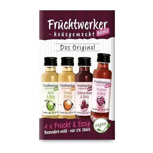 Fruchtwerker Minis 4er-Set | 4x 20ml Frucht & Essig - Essig Probierset mit 100% natürlichen Zutaten. Ideal zum Verfeinern von Gerichten oder als Geschenk. Entdecke die fruchtigen Sorten Himbeere, Orange, Johannisbeere und Apfel!
