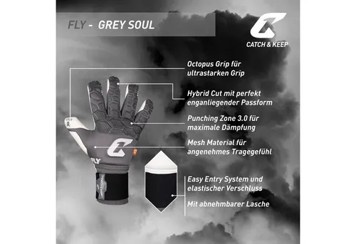 Catch & Keep Torwarthandschuhe Fly Soul - Profi Qualität für Torhüter - Torwarthandschuhe mit Hybrid Cut für perfekten Sitz und 4mm Octopus Grip für maximalen Halt. Ideal für ambitionierte Torhüter, die Komfort und Leistung suchen.
