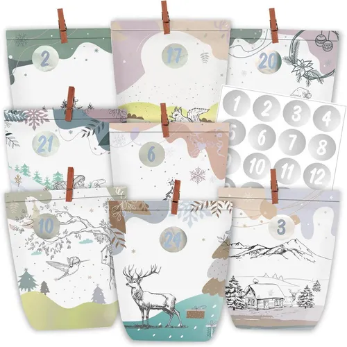 Adventskalender Tüten zum Befüllen, Weihnachtskalender DIY - DIY Adventskalender mit 24 grünen Papiertüten und Zahlenstickern - perfekt für kreative Überraschungen und individuelle Weihnachtsdeko!