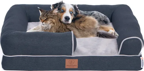 Orthopädisches Premium Hundebett mit Egg Foam, extra Halteschlaufe, Wasserdichter Innenbezug, Hundesofa, Hundekissen, flauschig, Bezug abnehmbar, waschbar, 71 x 58 x 17 cm, Hellgrau (L)