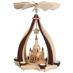 Zeidler Holzkunst Weihnachtspyramide - Weihnachtspyramide mit Dresdner Frauenkirche, modernes Design aus hellem und dunklem Holz, betrieben mit Teelichtern und sanft drehendem Flügelrad für eine festliche Stimmung.