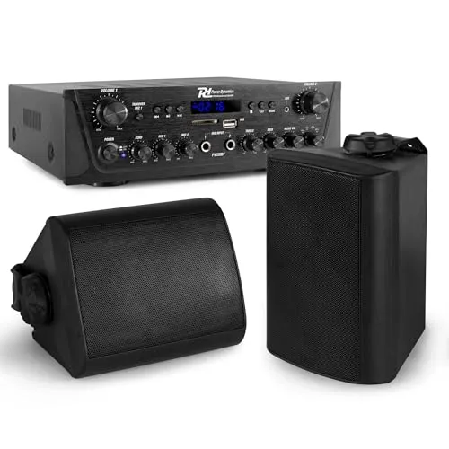 Power Dynamics - 2-Zonen Lautsprecher Boxen Set mit Bluetooth Verstärker – 2X 50W Verstärker & 2 Outdoor Lautsprecher – Innen & Außen – MP3, FM-Radio & USB – Inkl. Fernbedienung & 20m Kabel