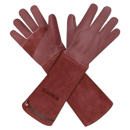 SLARMOR Gartenhandschuhe aus Leder für Damen und Herren - Dornensicher zum Beschneiden von Rosen, mit Unterarmschutz, Lange Rindsleder Arbeitshandschuhe für Garten und Haushaltsaufgaben