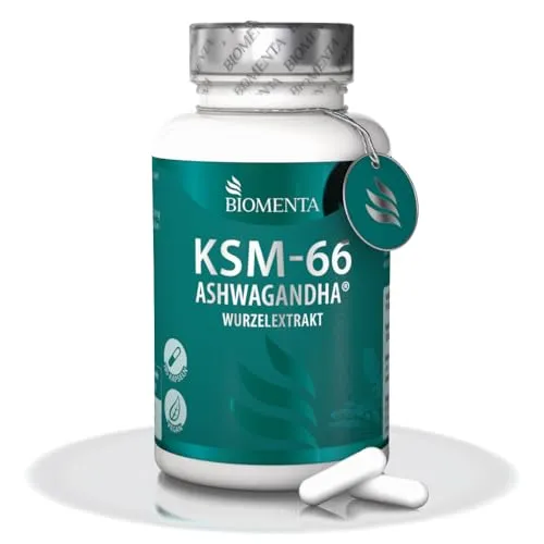 BIOMENTA KSM-66 Ashwagandha® - 185 hochdosierte Kapseln - Ashwagandha Nahrungsergänzungsmittel mit 600 mg hochbioverfügbarem Wurzelextrakt pro Tagesverzehr, vegan und ohne unerwünschte Zusatzstoffe für optimale Gesundheit.