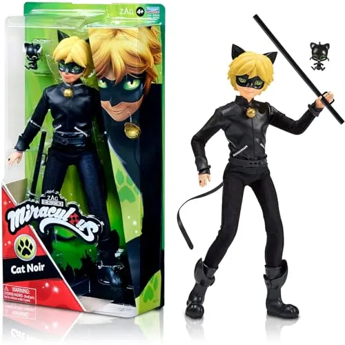 Bandai - Miraculous Ladybug - Ankleidepuppe 26 cm - Cat Noir - Puppen - Offizielle Cat Noir Puppe mit 11 Gelenkpunkten und abnehmbarem Zubehör, ideal zum Nachspielen deiner Lieblingsmomente aus der Miraculous-Serie!