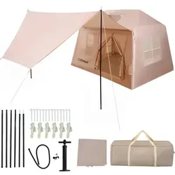 COSTWAY Aufblasbares Zelt für 4-6 Personen - Geräumiges Campingzelt mit Vordach, herausragender Langlebigkeit und einfacher Handhabung. Ideal für entspannte Campingabenteuer mit durchdachtem Design für beste Belüftung und Komfort.